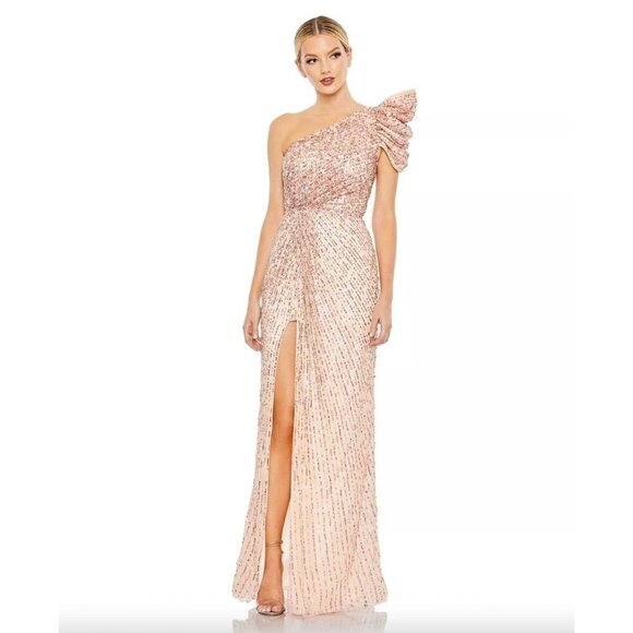 Mac Duggal Embellished Puff One Shoulder Column Gown Apricot Womens Size 14 - Picture 1 of 10